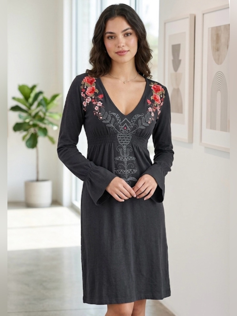 Johnny Was Black Long Sleeve Embroidered V-Neck Dress with Floral Accents